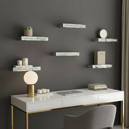 Set Of Six Silver Glass Wall Mounted Floating Shelf With Faux Crystals