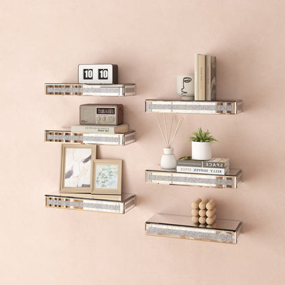 Set Of Six Silver Glass Wall Mounted Floating Shelf With Faux Crystals