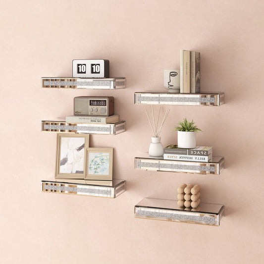 Set Of Six Silver Glass Wall Mounted Floating Shelf With Faux Crystals