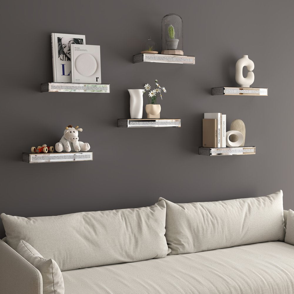 Set Of Six Silver Glass Wall Mounted Floating Shelf With Faux Crystals