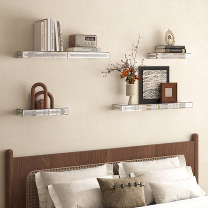 Set Of Six Silver Glass Wall Mounted Floating Shelf With Faux Crystals