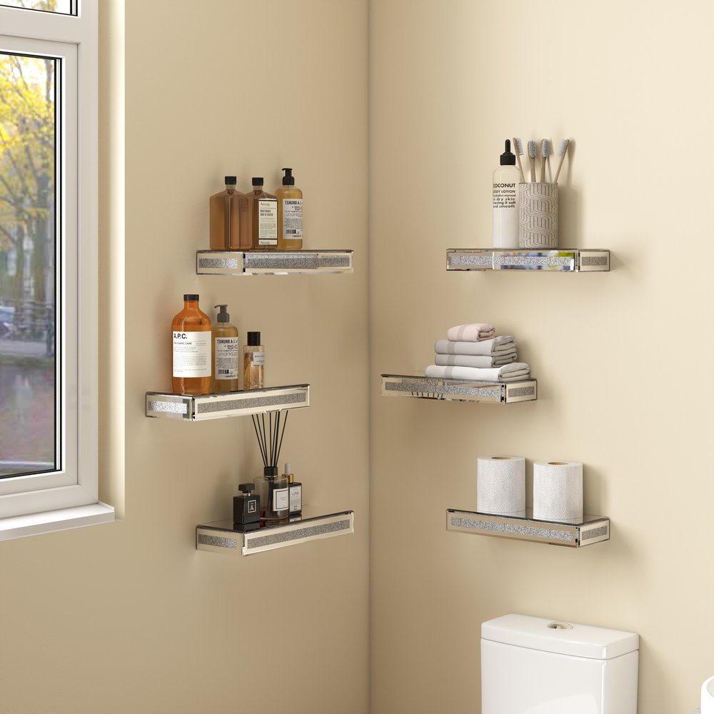 Set Of Six Silver Glass Wall Mounted Floating Shelf With Faux Crystals