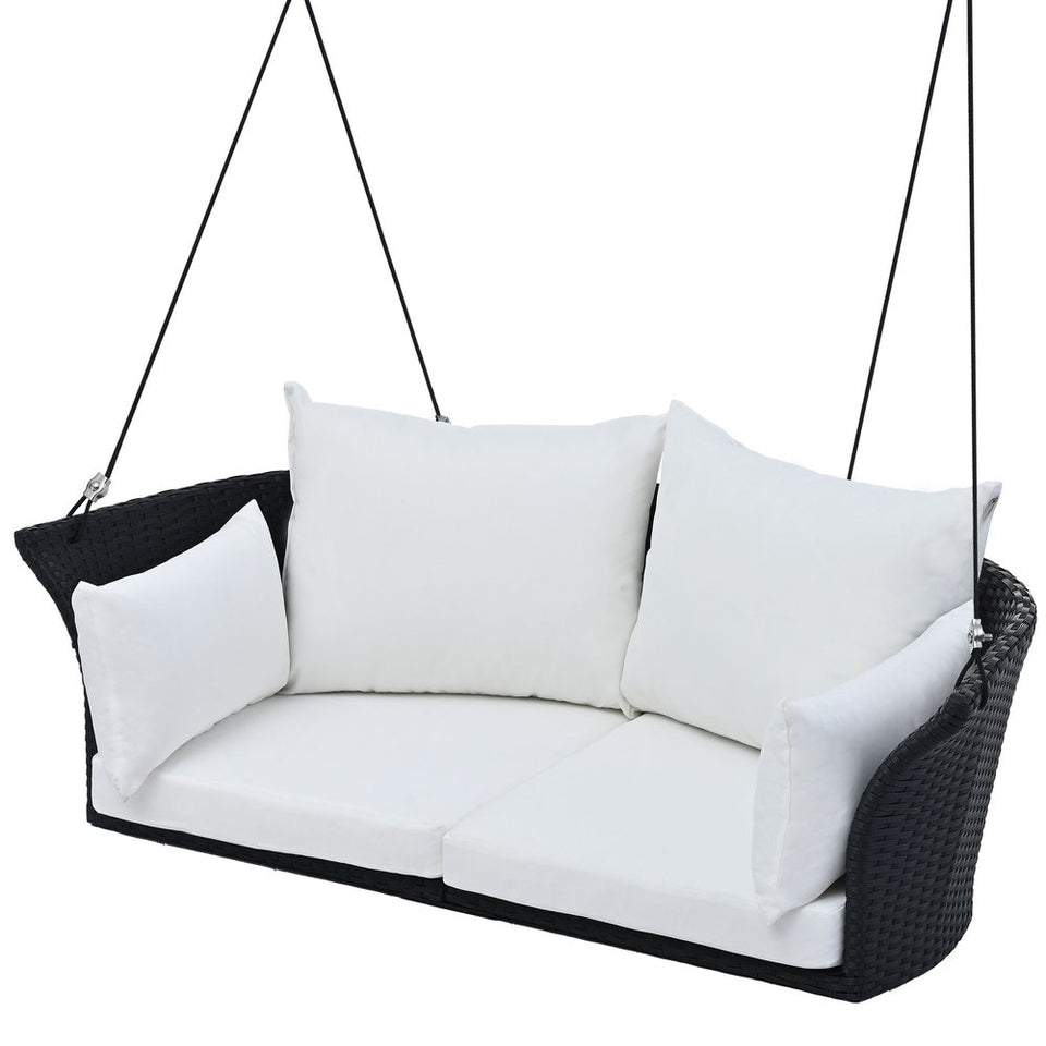 40" Black Woven Rattan Outdoor Swing Chair with White Cushion