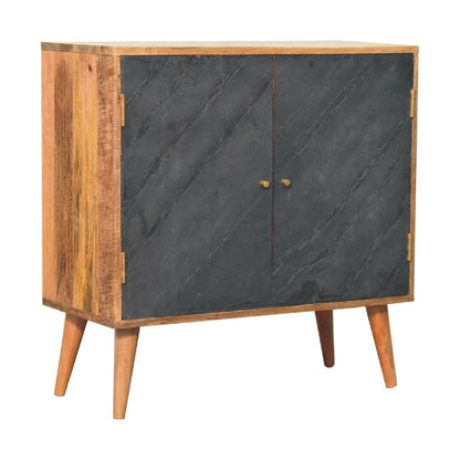 30" Brown and Gray Solid Wood And Inlaid Slate Accent Cabinet With Two Doors
