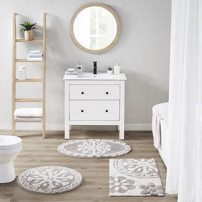 25" Taupe And White Cotton Round Medallion Bath Rug