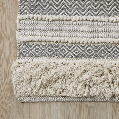 32" Ivory And Gray Cotton Striped Bath Rug