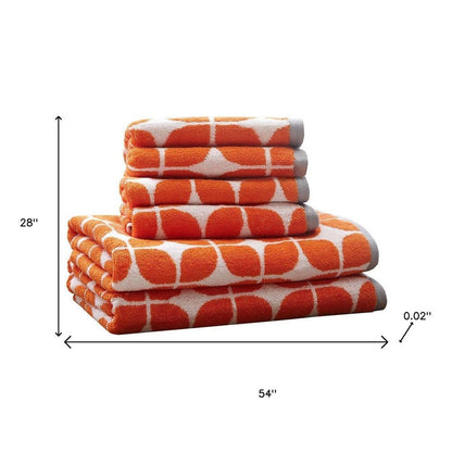 Set of Six Orange And White Cotton Geometric Jacquard Towel Set