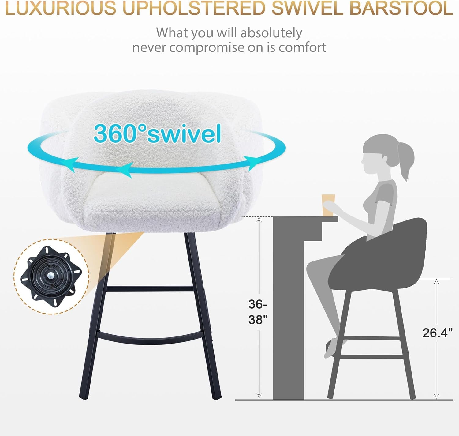 26'' Swivel Counter Stools, Modern Bar Stools for Kitchen Counter, White Sherpa Kitchen Counter Stools, Upholstered Barstools with Backs, Counter Height Stool Chairs with Metal Legs-2