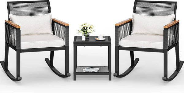 Outdoor Wicker Rocker Bistro Set with Wood Arms-1