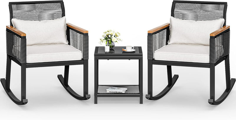 Outdoor Wicker Rocker Bistro Set with Wood Arms-1