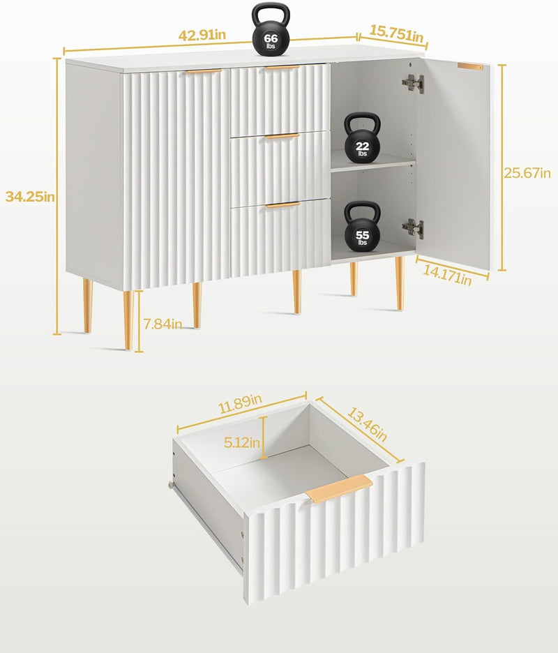 White Glossy Fluted Buffet Cabinet with 3 Drawers-3