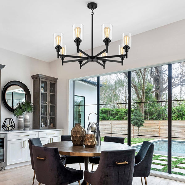 Black Chandeliers for Dining Room Light Fixture, Modern Farmhouse Chandeliers, 8 Lights with Clear Glass Shade Industrial Chandelier for Living Room Kitchen Island-1