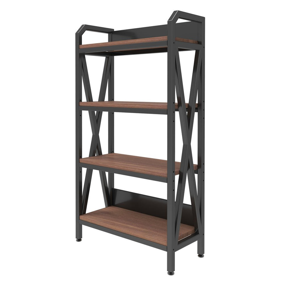 56" Black And Brown Metal and Wood Four Tier Etagere Bookcase
