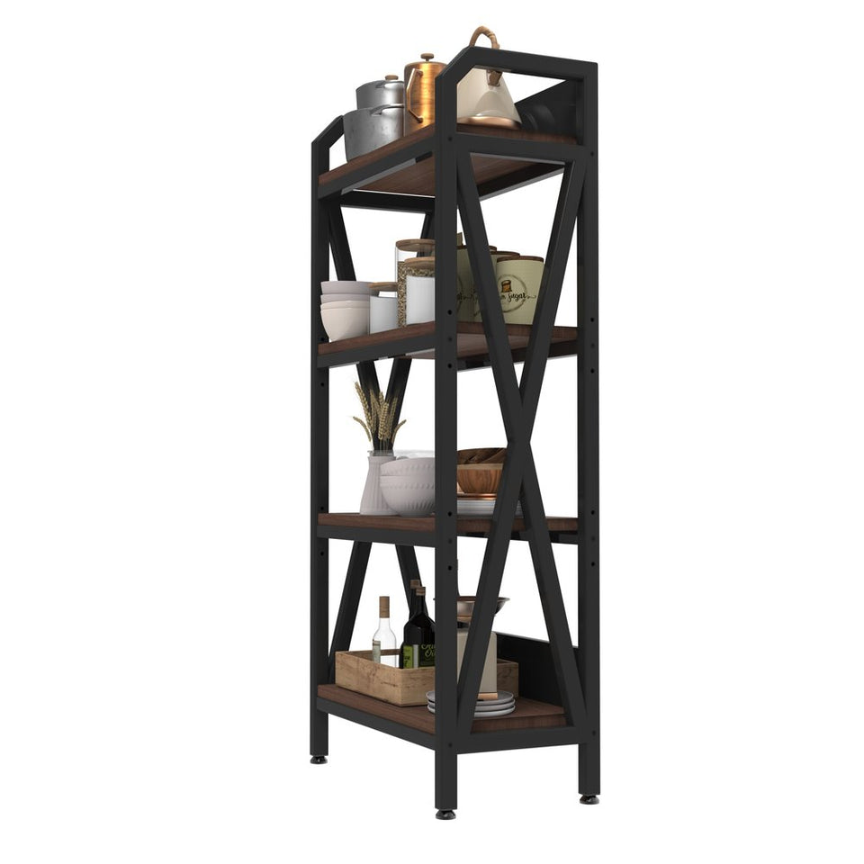 56" Black And Brown Metal and Wood Four Tier Etagere Bookcase
