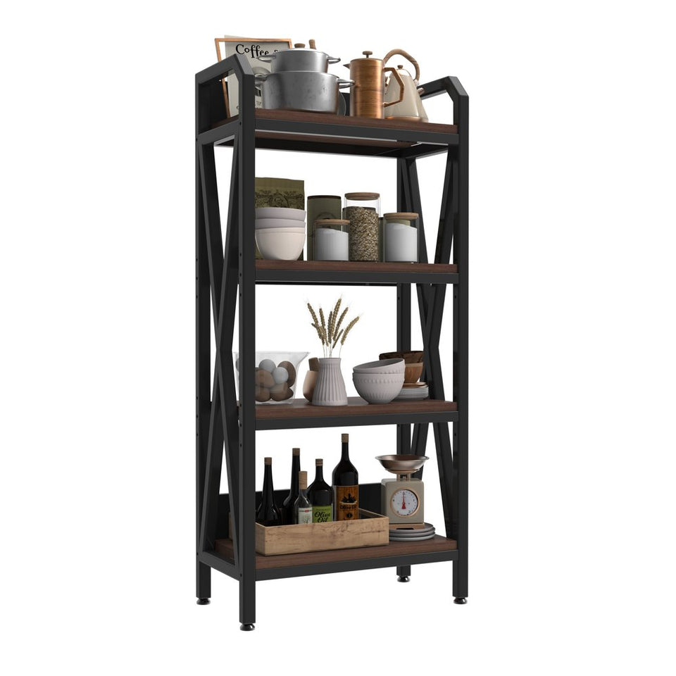 56" Black And Brown Metal and Wood Four Tier Etagere Bookcase