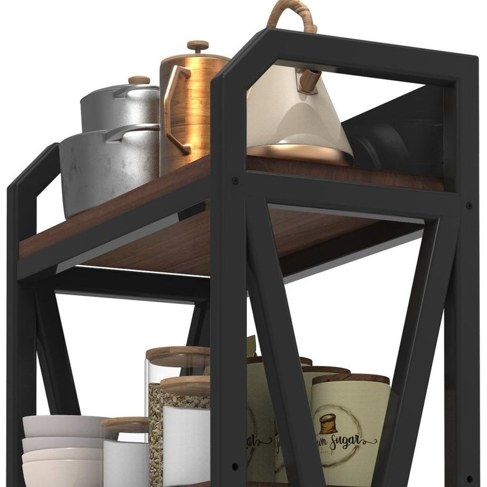 56" Black And Brown Metal and Wood Four Tier Etagere Bookcase