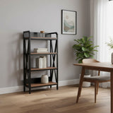 56" Black And Brown Metal and Wood Four Tier Etagere Bookcase