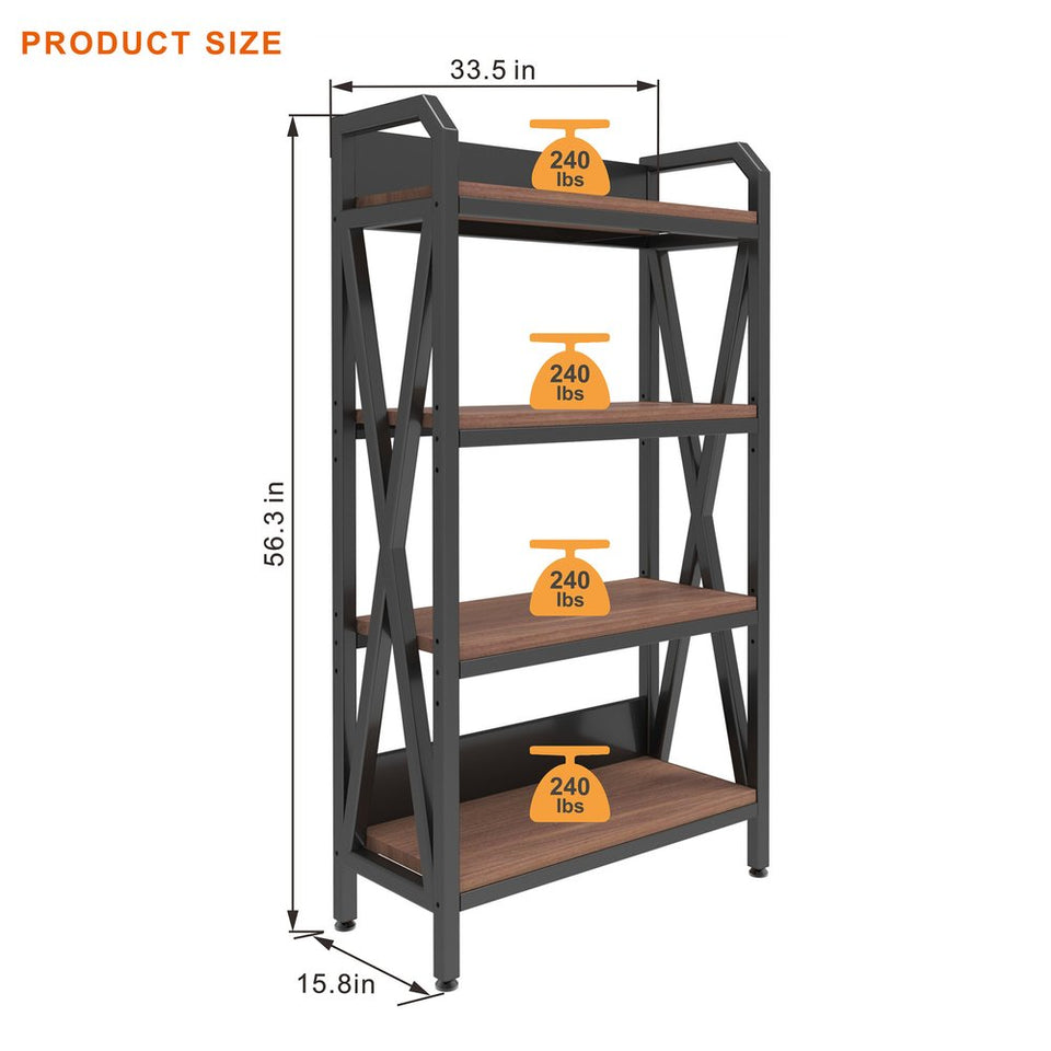 56" Black And Brown Metal and Wood Four Tier Etagere Bookcase