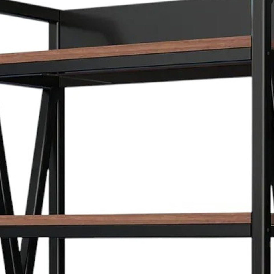 56" Black And Brown Metal and Wood Four Tier Etagere Bookcase