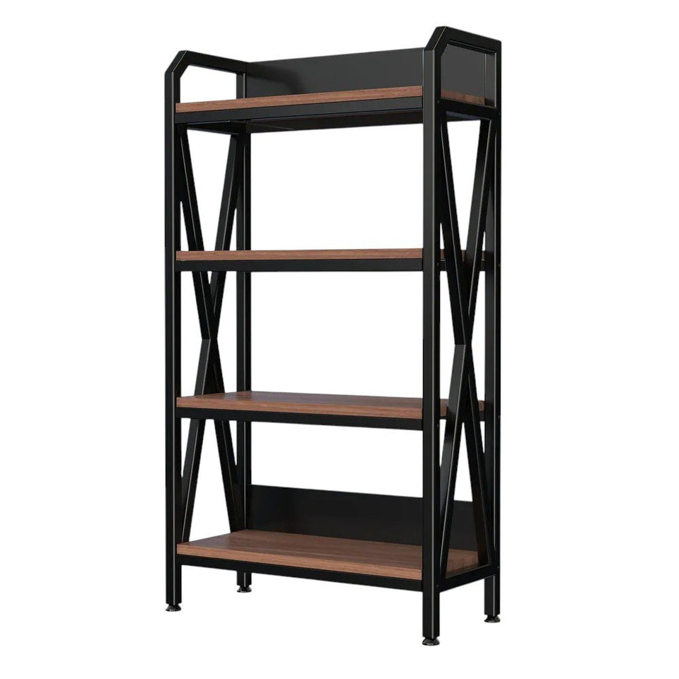 56" Black And Brown Metal and Wood Four Tier Etagere Bookcase