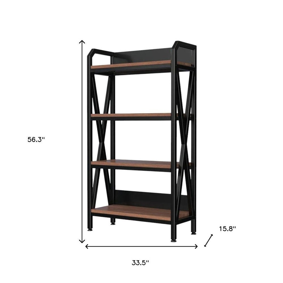 56" Black And Brown Metal and Wood Four Tier Etagere Bookcase