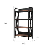 56" Black And Brown Metal and Wood Four Tier Etagere Bookcase