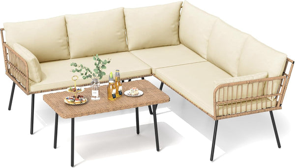 Patio Furniture Set, 4 Pieces Outdoor Patio Conversation Set, All-Weather PE Rattan Sectional L-Shaped Sofa with Soft Cushion and Side Table for Backyard, Porch, Boho Detachable Lounger (Beige)-1