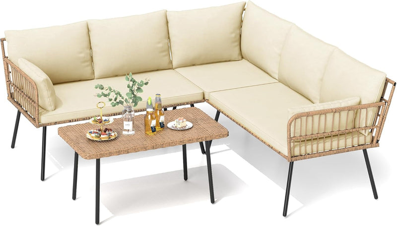 Patio Furniture Set, 4 Pieces Outdoor Patio Conversation Set, All-Weather PE Rattan Sectional L-Shaped Sofa with Soft Cushion and Side Table for Backyard, Porch, Boho Detachable Lounger (Beige)-1