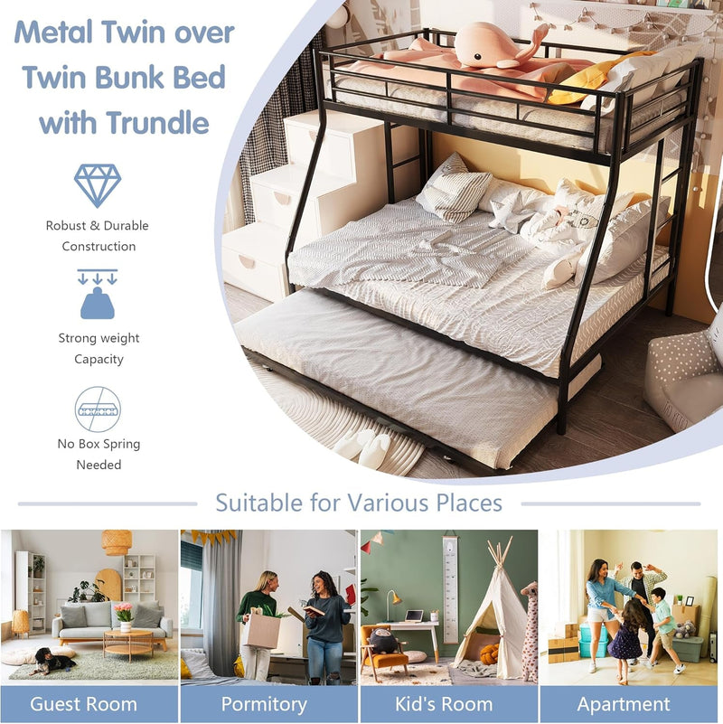 Metal Loft Bed with 2 Secured Ladders, Bunk Bed Twin over Full with Trundle, Trundle Bed Twin Safety Guard, Space-Saving, Noise Free for Small Bedroom, (Black, Twin over Full)-4