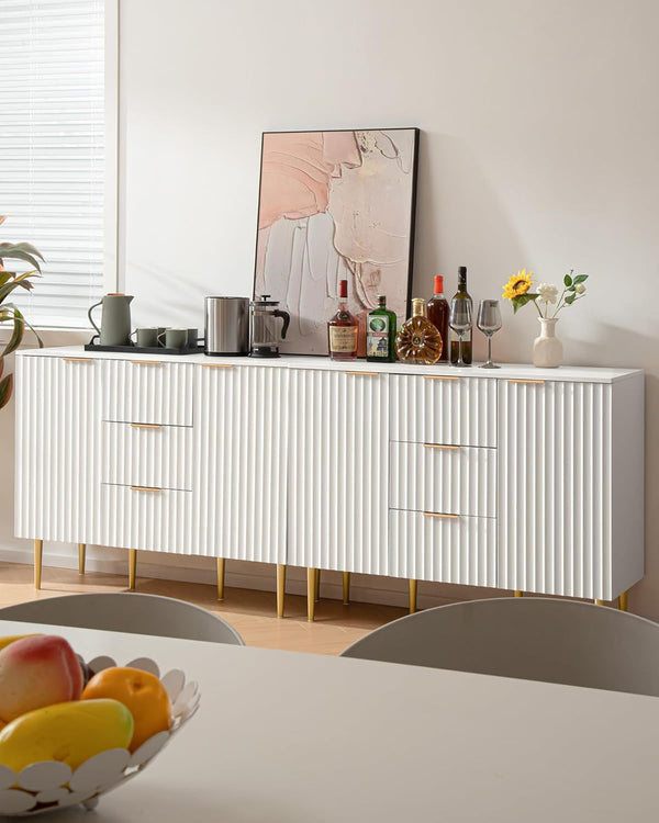 White Glossy Fluted Buffet Cabinet with 3 Drawers-0