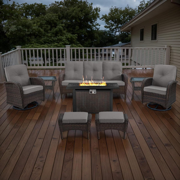 8 Piece Patio Furniture Set with 50000 BTU Propane Fire Pit Table, Outdoor Conversation Set with 2 Swivel Rocker Chairs Wicker Sofa and Ottomans for Casual Gatherings Beige Cushion-1