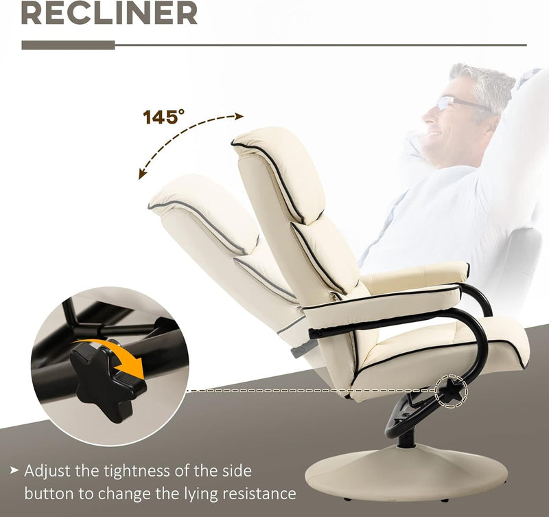 Recliner Chair with Ottoman, PU Leather Swivel High Back Armchair W/Footrest, 135° Adjustable Backrest and Thick Foam Padding, Cream White-3