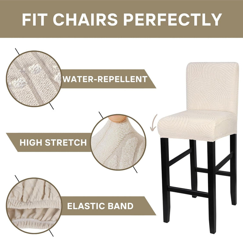 Water Repellent Bar Stool Covers Set of 4, Stretch Washable Barstool Seat Covers, Counter Height Chair Covers for Kitchen Dining Room Cafe (Beige Ripple Jacquard)-2