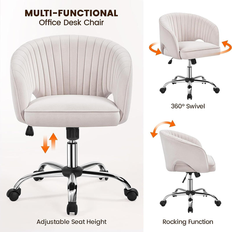 Cute Desk Chair Velvet Chair Vanity Chair with Wheels Home Office Chair Upholstered Modern Swivel Chair with Tufted Barrel Back for Study, Vanity, Bedroom Cream-4