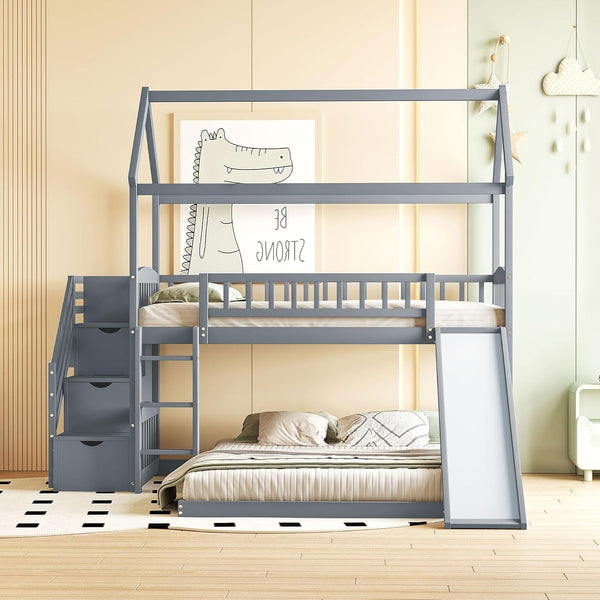 Gray Twin Loft Bunk Bed with Slide, Stairs-0