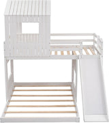 Twin over Full Bunk Bed Frames Loft Bed with Slide, House Roof, Window and Safety Guardrails for Boys or Girls, White-2