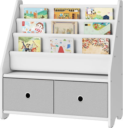 Kids Bookshelf and Toy Storage, 4 Tier Large Capacity Kids Book Rack, Sling Kids Bookcase, for Kids Room, Nursery, Playroom, White and Gray MCW06WT-0