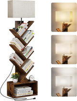 6 Tier Tree Bookshelf with Light, Narrow Bookcase Tower, Tall Floor Standing Book Organizer with Storage Cabinet for Living Room, Bedroom and Home Office, Rustic Brown-0