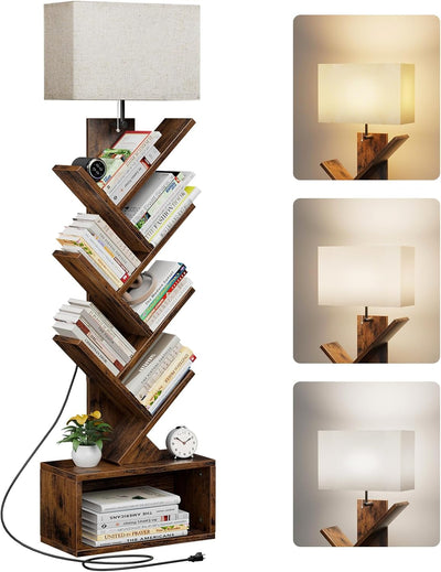 6 Tier Tree Bookshelf with Light, Narrow Bookcase Tower, Tall Floor Standing Book Organizer with Storage Cabinet for Living Room, Bedroom and Home Office, Rustic Brown-0