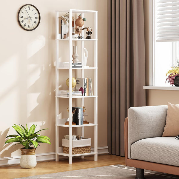 6 Tier Bookshelf with Anti-Fall Baffle, Tall 64.79" Bookcase with DIY Shelves, Industrial Book Shelf Storage Organizer, Display Free Standing Shelf Unit for Bedroom, Living Room, Office, White-0