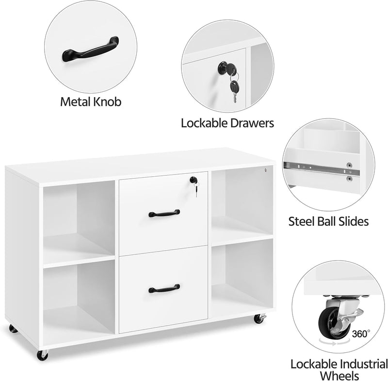 White File Cabinet Mobile Letter Size File Cabinet with 2 Drawers and 4 Open Storage Shelves Large Mobile Lateral Filing Cabinet Printer Stand for Home and Office-3