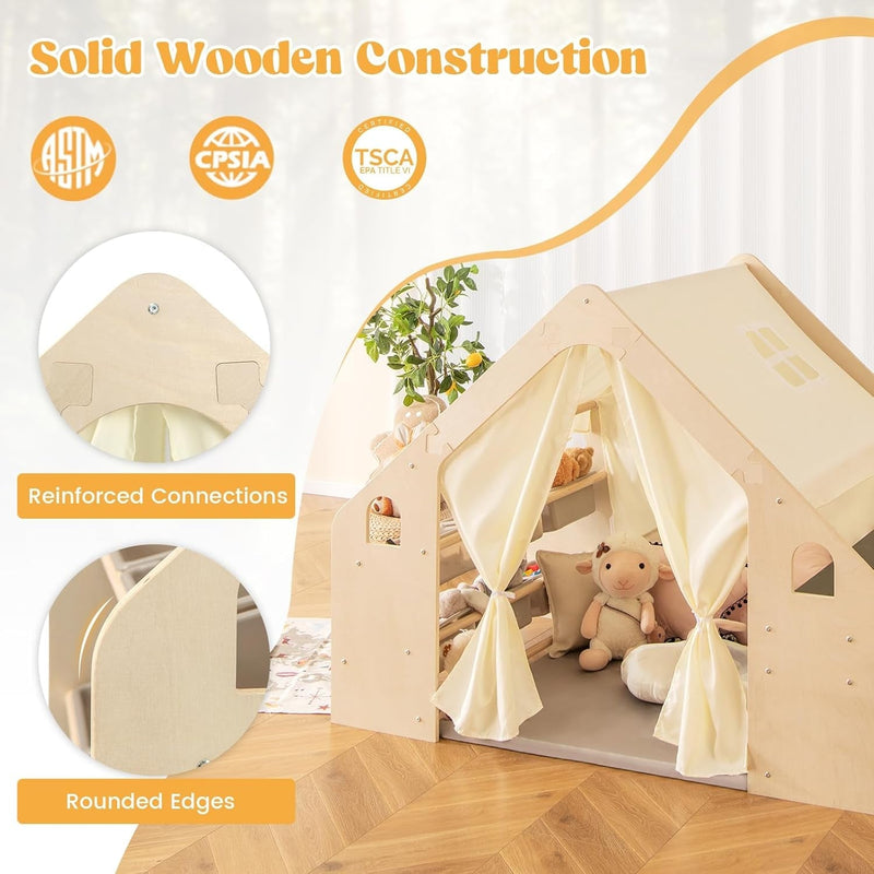 Large Kids Tent, 6-In-1 Wooden Frame Play House with Table and Chair Set, Blackboard, 6 Storage Bins & Soft Floor Mat, Indoor Playhouse for Boys Girls Aged 2-6 Years Old-3