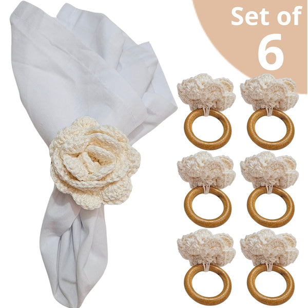 Charlo's Set of 6 Off White Crochet Rosebud Flower Napkin Rings for Dinner Table Decor, Handmade, Table setting-0