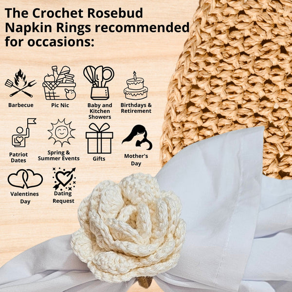 Charlo's Set of 6 Off White Crochet Rosebud Flower Napkin Rings for Dinner Table Decor, Handmade, Table setting-1