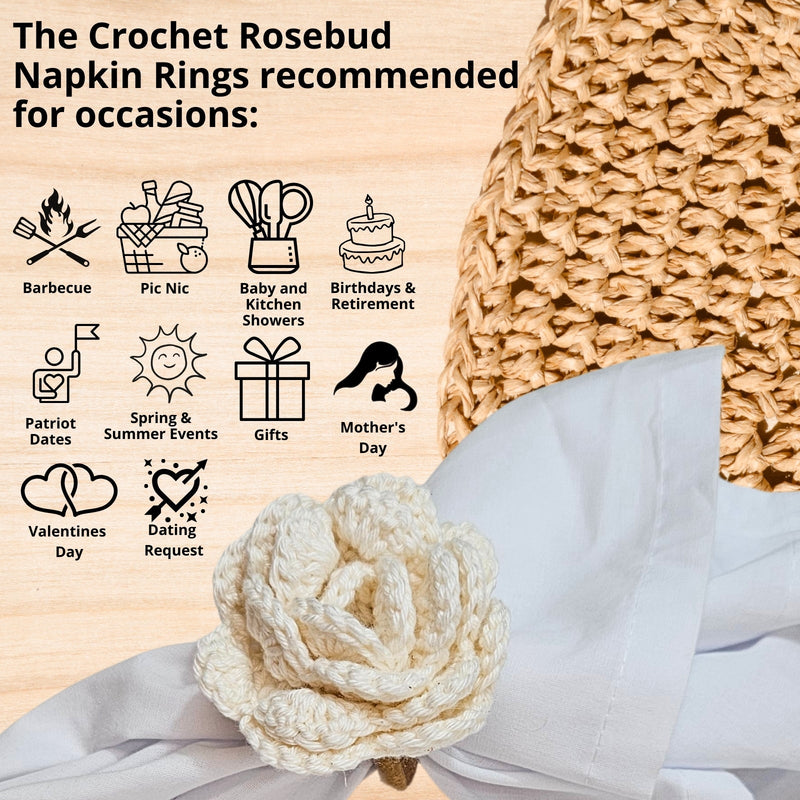 Charlo's Set of 6 Off White Crochet Rosebud Flower Napkin Rings for Dinner Table Decor, Handmade, Table setting-1
