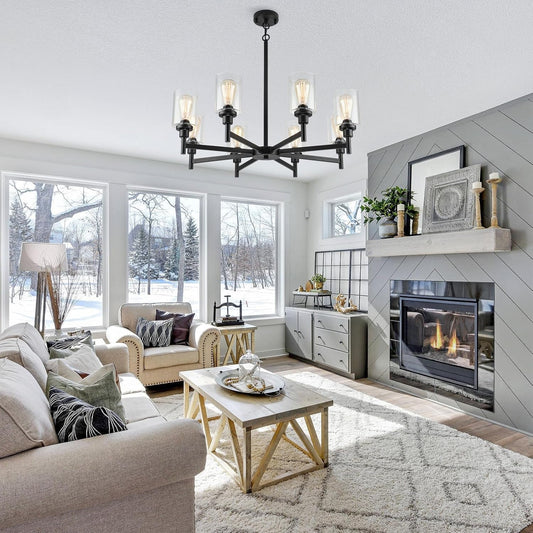 Black Chandeliers for Dining Room Light Fixture, Modern Farmhouse Chandeliers, 8 Lights with Clear Glass Shade Industrial Chandelier for Living Room Kitchen Island-0