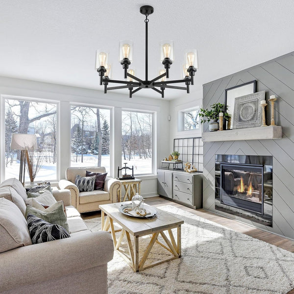 Black Chandeliers for Dining Room Light Fixture, Modern Farmhouse Chandeliers, 8 Lights with Clear Glass Shade Industrial Chandelier for Living Room Kitchen Island-0