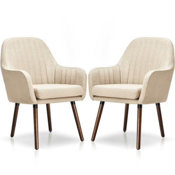 Set of 2 Retro Off-White Linen Upholstered Accent Chair with Stylish Wood Legs-1