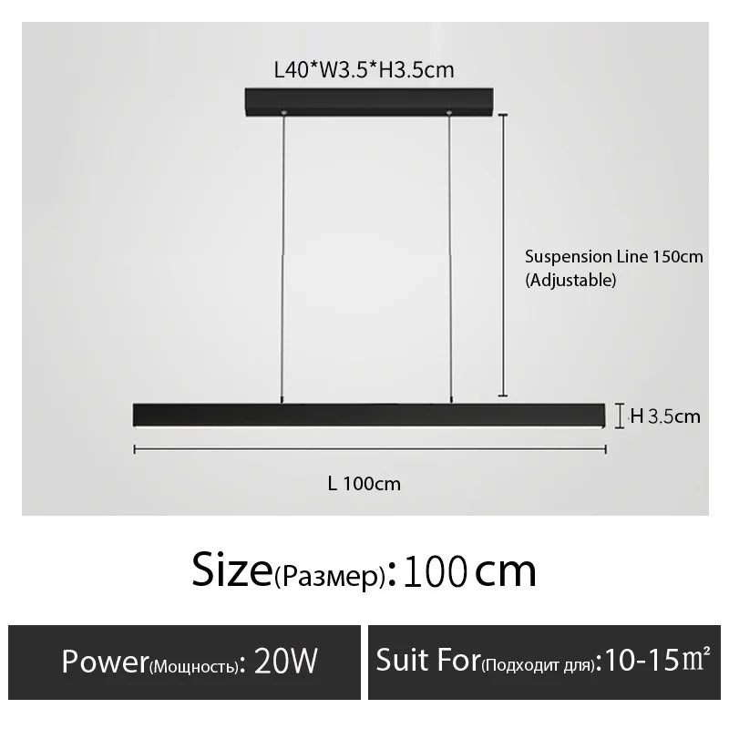 Minimalist modern chandelier—sleek strip light for dining rooms, bars, or office spaces.