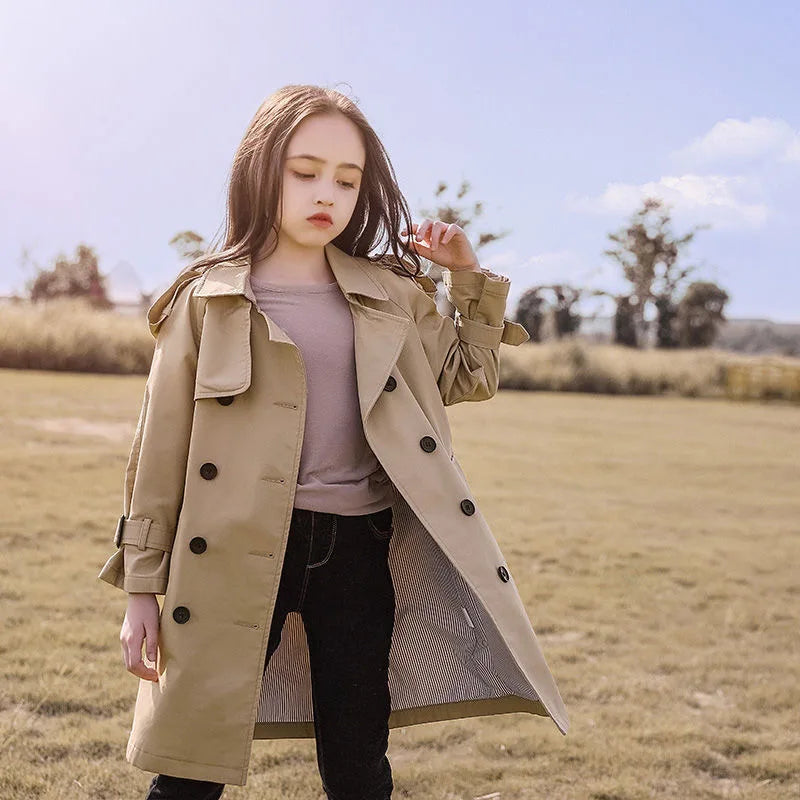 4-13Y Teen Girls Long Trench Coats New Fashion England Style Windbreaker Jacket For Girls Spring Autumn Children's Clothing